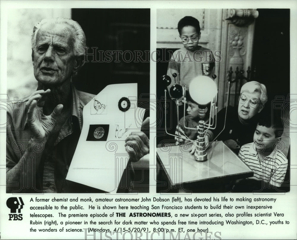 1991 Press Photo John Dobson and Vera Rubin profile on The Astronomers, on PBS. - Historic Images