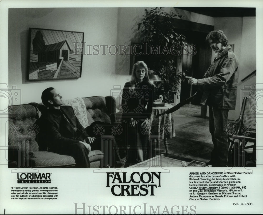 1989 Press Photo &quot;Falcon Crest&quot; Actors in Hostage Scene - nop24200 - Historic Images