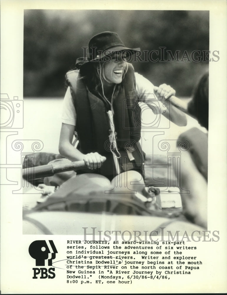 1986 Press Photo Christina Dodwell, &quot;A River Journey by Christina Dodwell&quot; - Historic Images