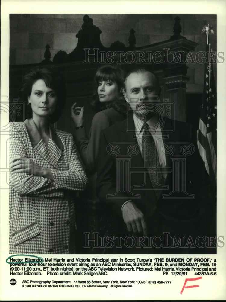 1991 Press Photo Hector Elizondo, Mel Harris, Victoria Principal act in TV event - Historic Images