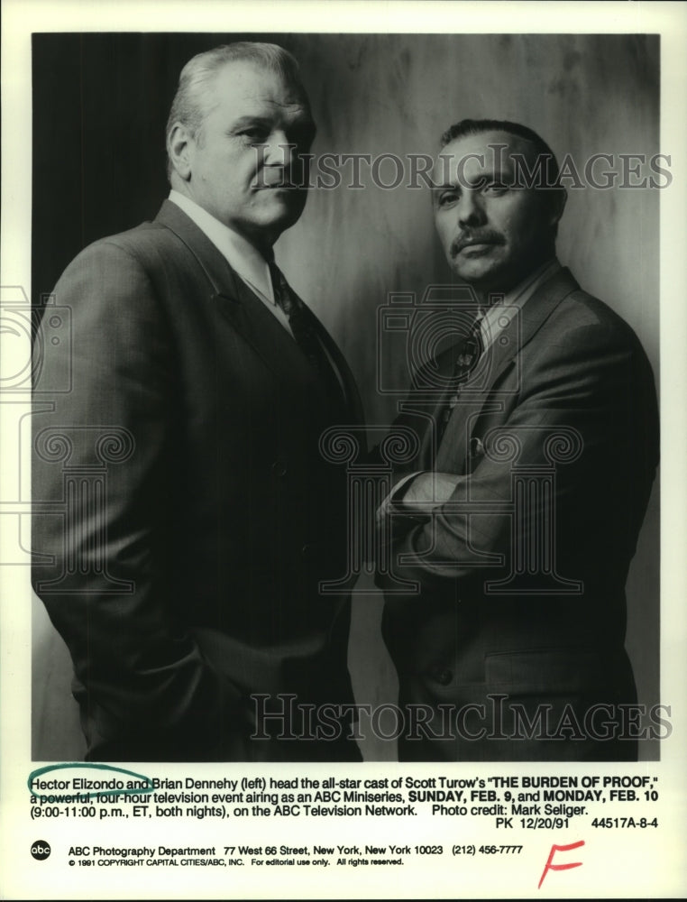 1991 Hector Elizondo and Brian Dennehy in The Burden of Proof show - Historic Images