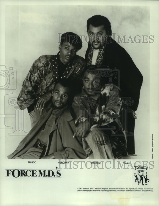 1987 Press Photo Force M.D.'s members Trisco, Mercury, Stevie D. and T.C.D. - Historic Images