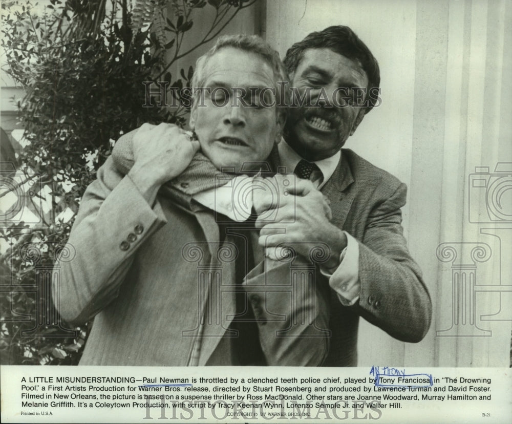 1975 Paul Newman, throttled by Tony Franciosa in &quot;The Drowning Pool&quot; - Historic Images