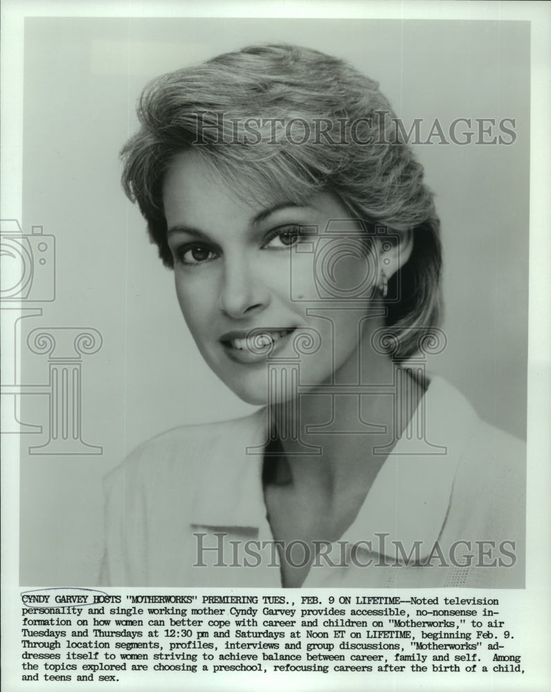 1988 Press Photo Noted television personality, Cyndy Garvey, Hosts &quot;Motherworks&quot;-Historic Images