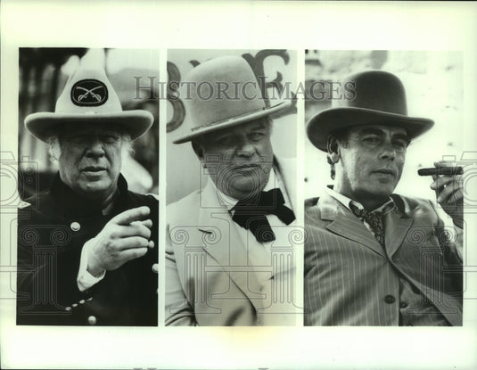 1987 Press Photo George Kennedy, Charles Durning, Dean Stockwell in The Gambler - Historic Images