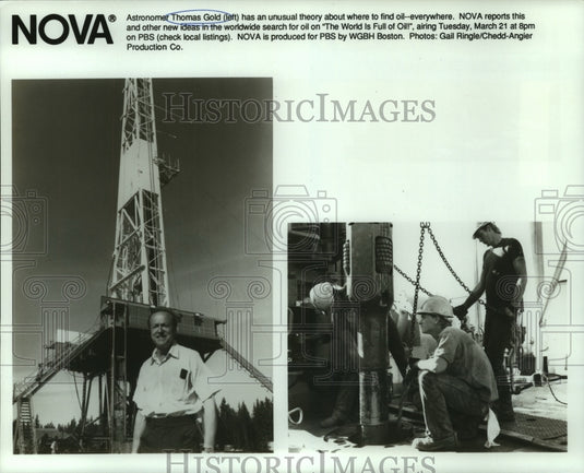 1989 Press Photo Astronomer Thomas Gold with oil rig pump and workers-Historic Images