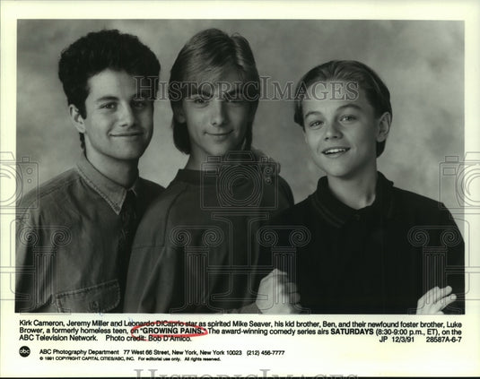 1991 Press Photo Kirk Cameron, Jeremy Miller & Leonardo DiCaprio "Growing Pains" - Historic Images
