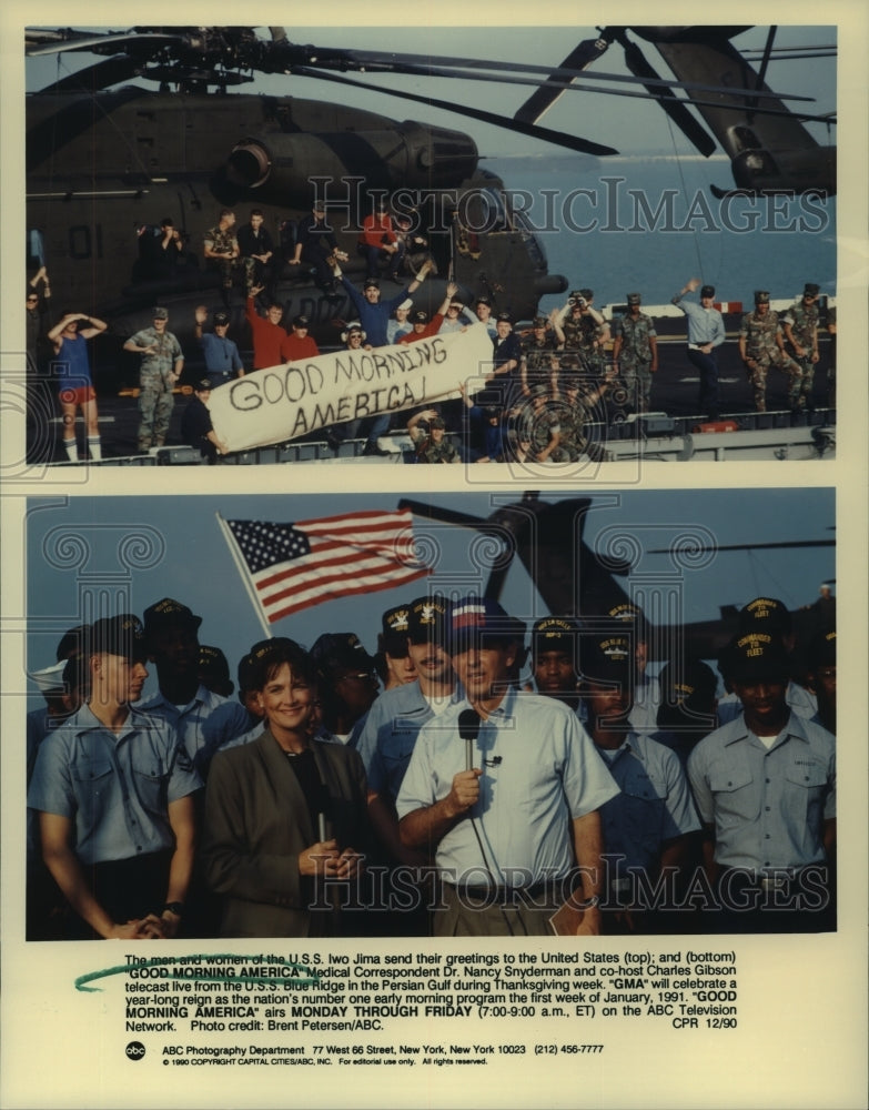 1991 Press Photo U.S.S. Iwo Jima crew and TV hosts of &quot;Good Morning America&quot; - Historic Images