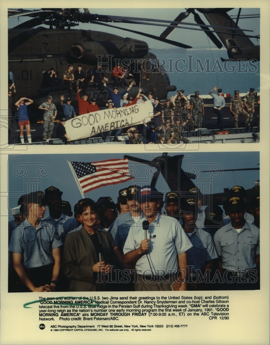 1991 Press Photo U.S.S. Iwo Jima crew and TV hosts of "Good Morning America" - Historic Images
