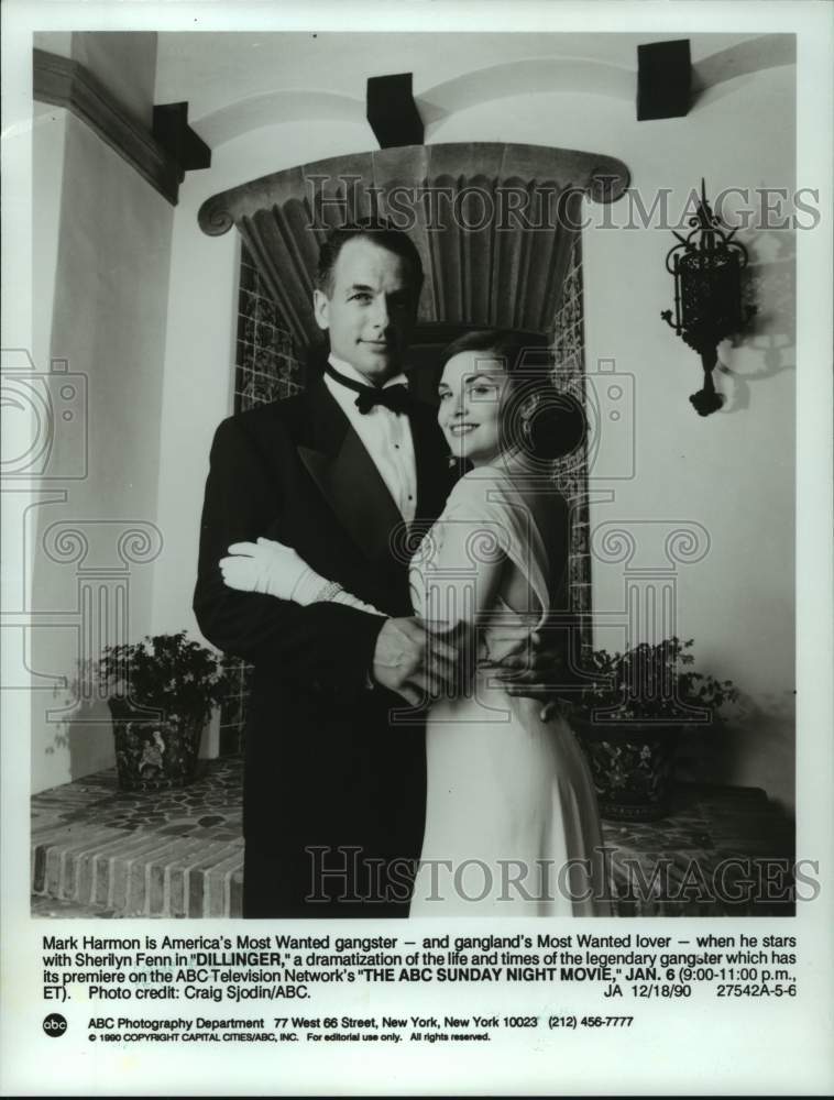 1990 Press Photo Actors Mark Harmon, Sherilyn Fenn in &quot;Dillinger&quot; on ABC-TV-Historic Images