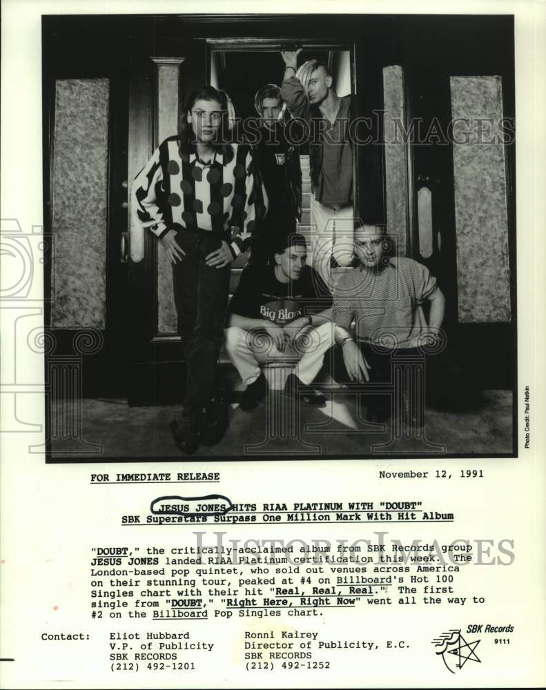 1991 Press Photo Jesus Jones hits RIAA Platinum with &quot;Doubt&quot; - nop39401-Historic Images