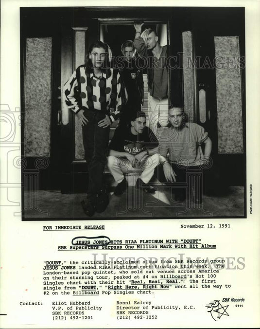 1991 Press Photo Jesus Jones hits RIAA Platinum with "Doubt" - nop39401-Historic Images