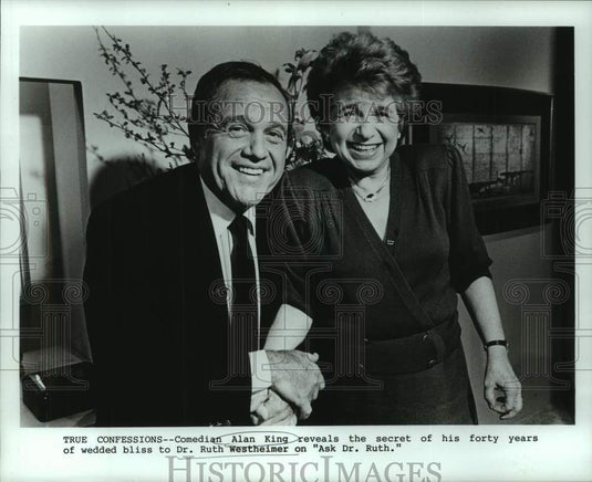 1987 Press Photo Comedian Alan King with Dr. Ruth Westheimer in "Ask Dr. Ruth"-Historic Images