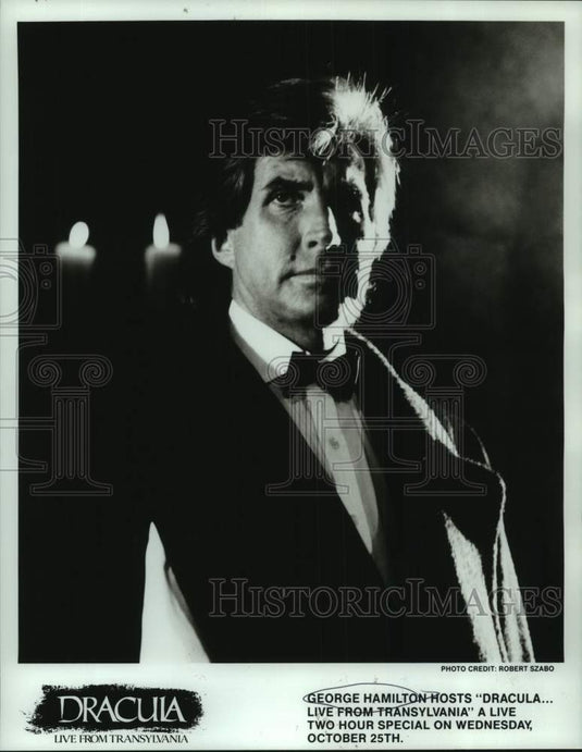 1990 Press Photo George Hamilton hosts "Dracula...Live from Transylvania"-Historic Images