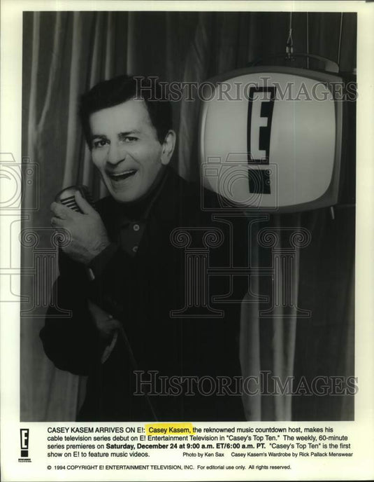 1994 Press Photo Casey Kasem hosts Casey's Top Ten, on Entertainment Television.-Historic Images