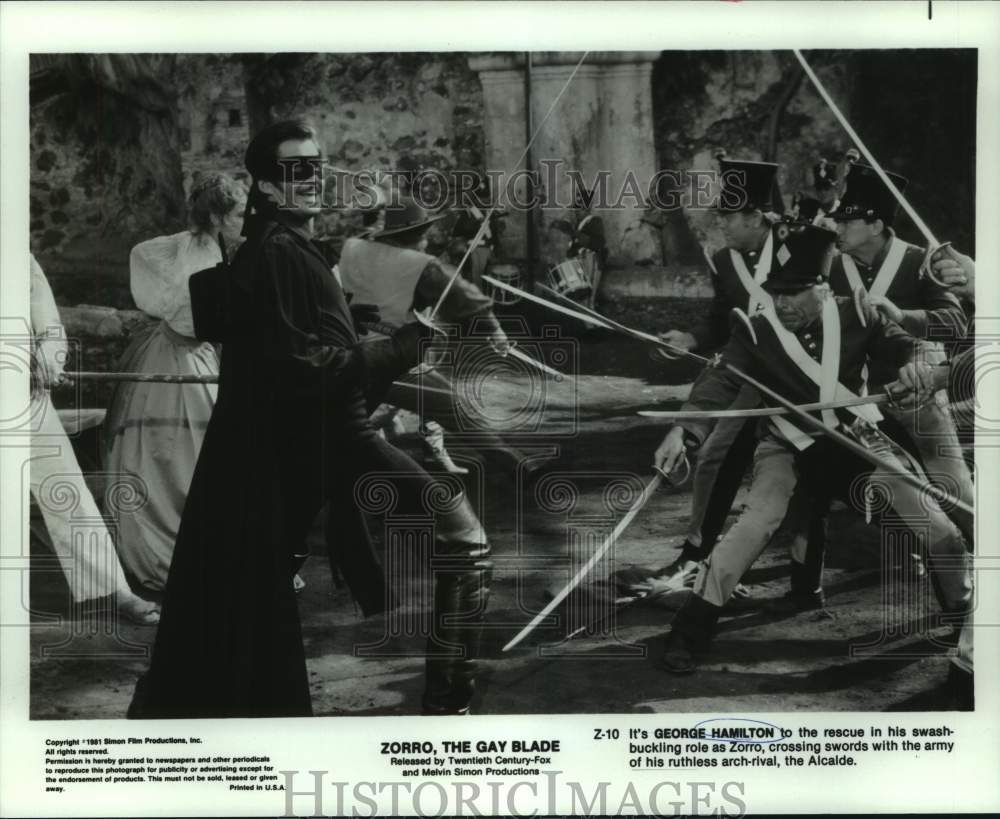 1981 Actor George Hamilton, co-stars in "Zorro, The Gay Blade" movie - Historic Images