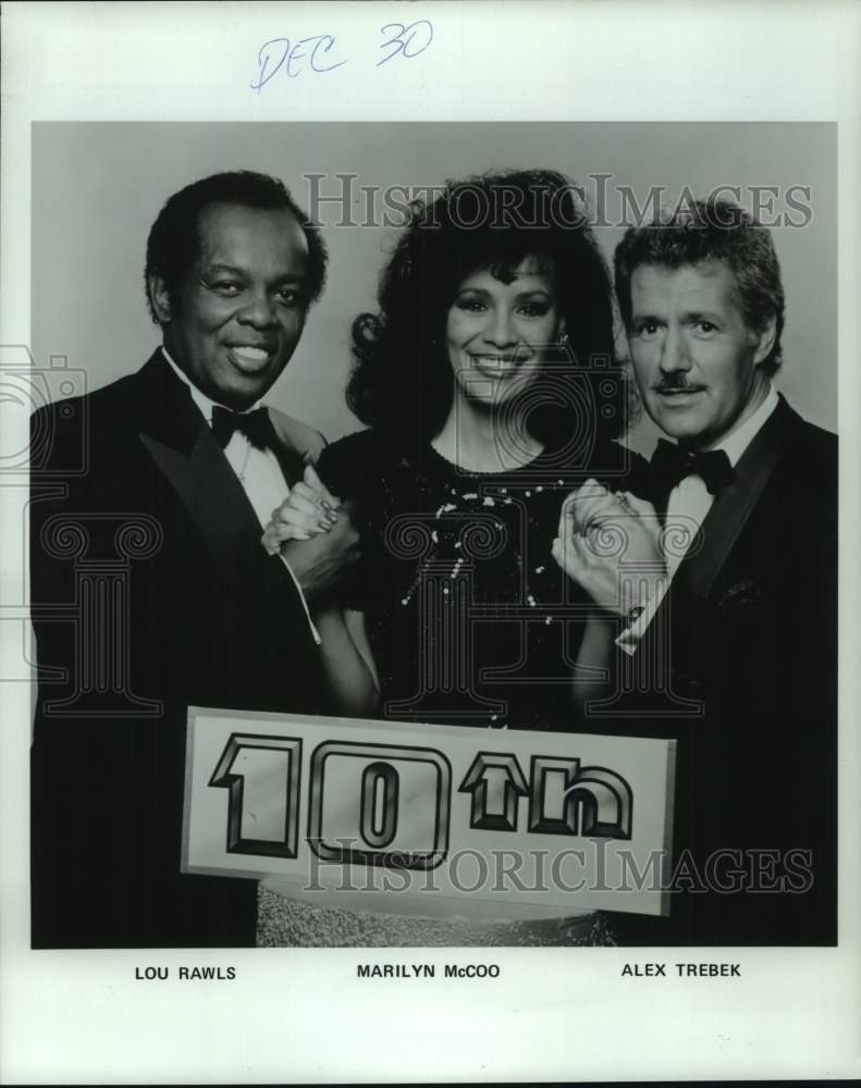 1990 Press Photo Lou Rawls, Marilyn McCoo, Alex Trebek hosts of 10th - nop47549-Historic Images