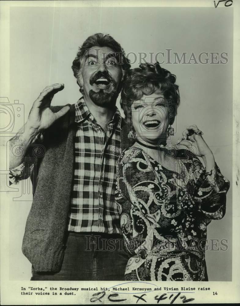 1970 Press Photo Michael Kermoyan, Vivian Blaine sing in &quot;Zorba&quot; Broadway Show - Historic Images