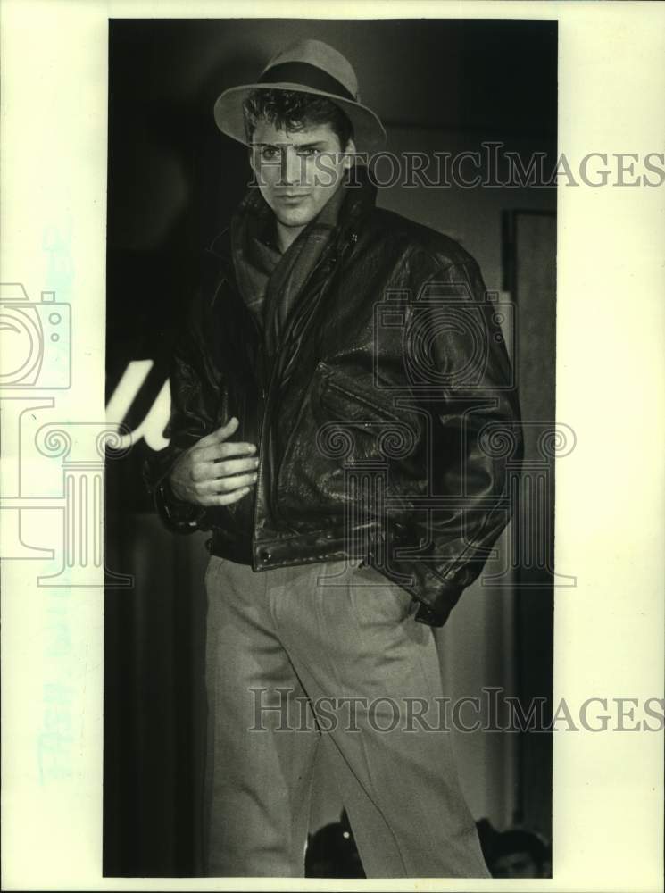 1984 Press Photo Model wears Black Leather Jacket by Clout by Saks Fifth Avenue-Historic Images