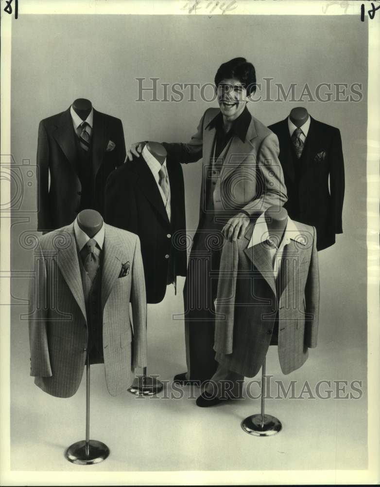 1977 Press Photo Model among Men's Fashion Jackets by Hart Schaffner & Marx-Historic Images