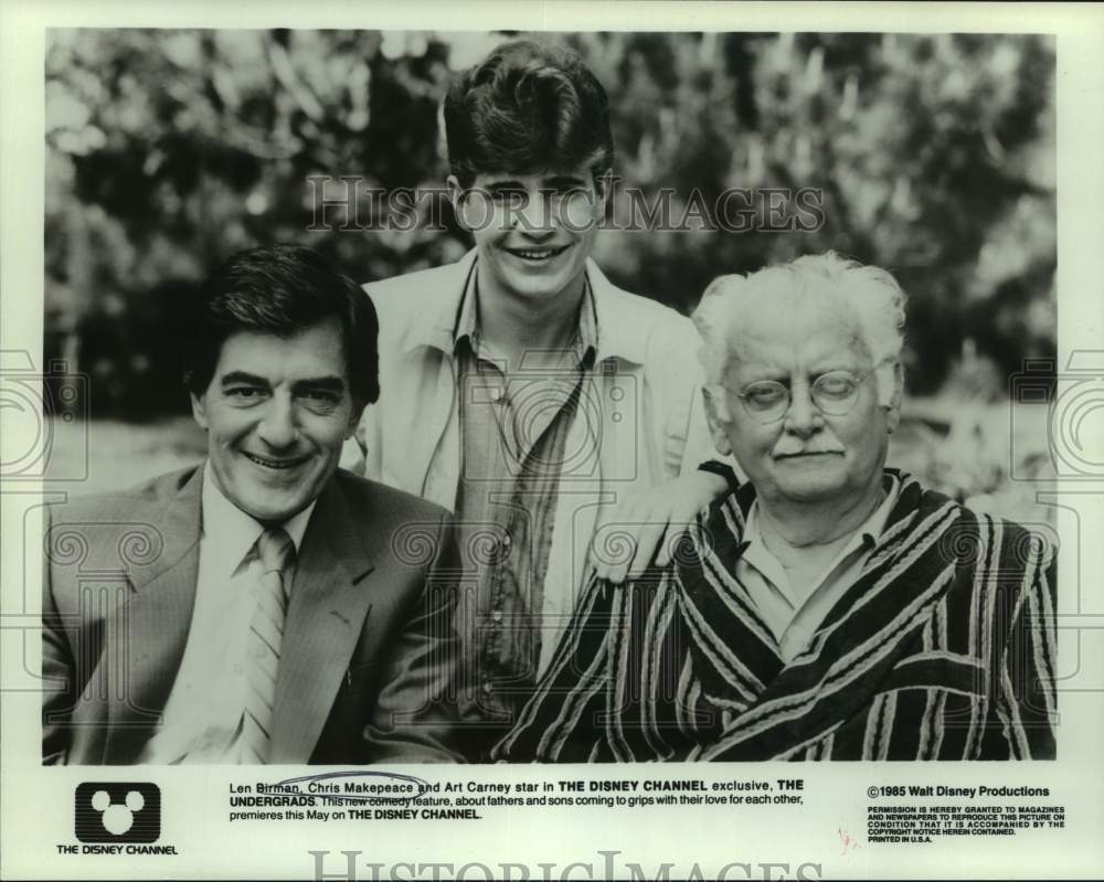 1985 Press Photo Chris Makepeace, Art Carney &amp; Len Briman in &quot;The Undergrads&quot;-Historic Images