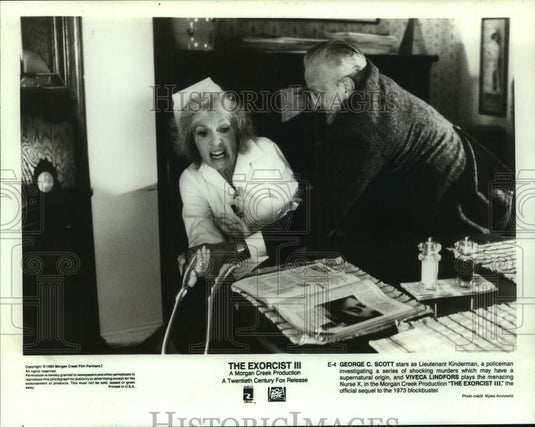 1990 Press Photo George C. Scott and Viveca Lindfors star in "The Exorcist III"-Historic Images