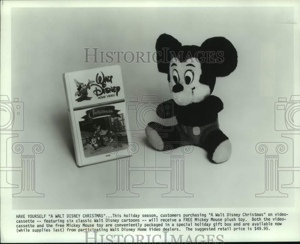 1982 Press Photo &quot;A Walt Disney Christmas&quot; video &amp; Mickey Mouse plush toy-Historic Images