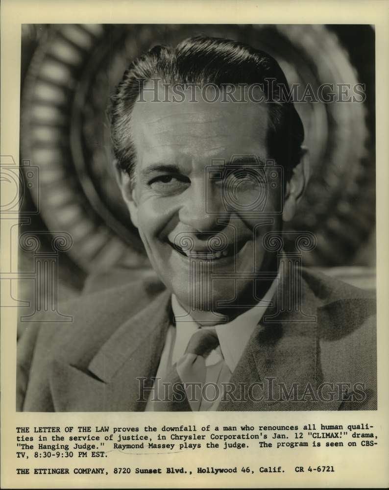 1956 Press Photo Actor Raymond Massey in &quot;The Hanging Judge&quot; on CBS-TV - Historic Images