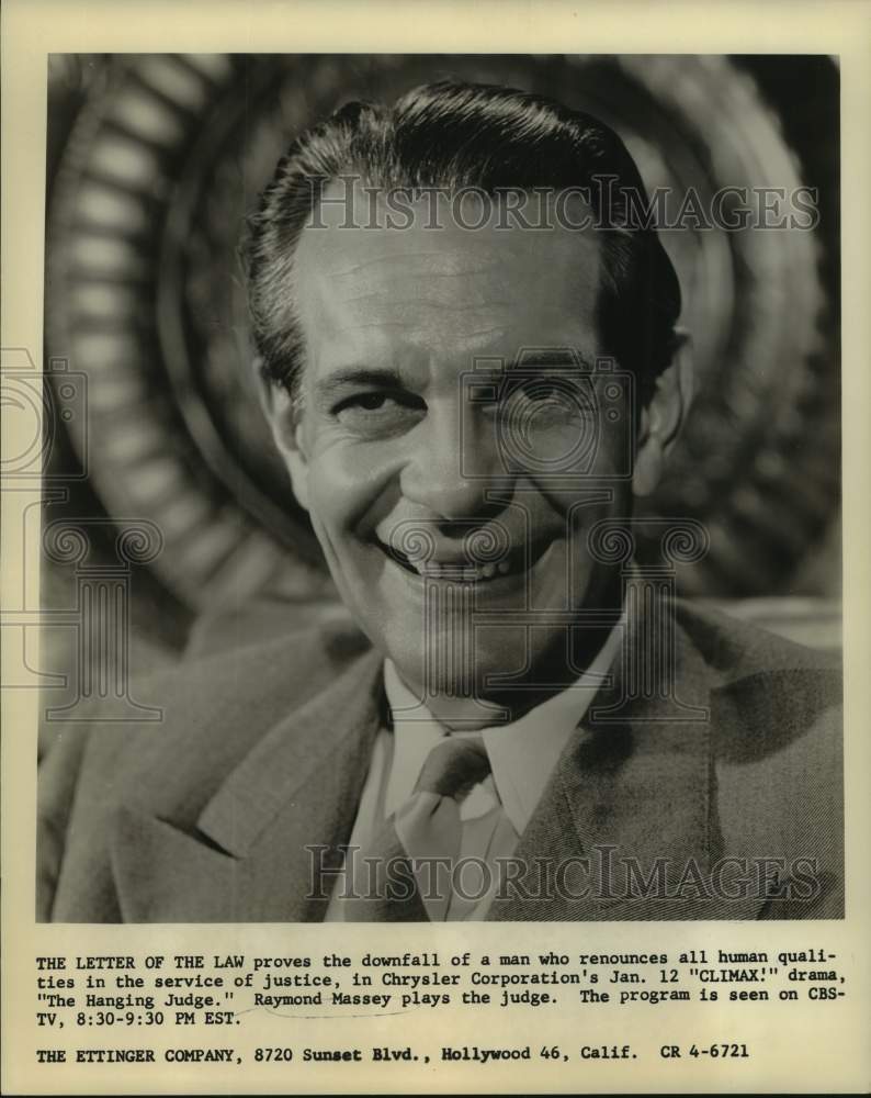 1956 Press Photo Actor Raymond Massey in "The Hanging Judge" on CBS-TV - Historic Images