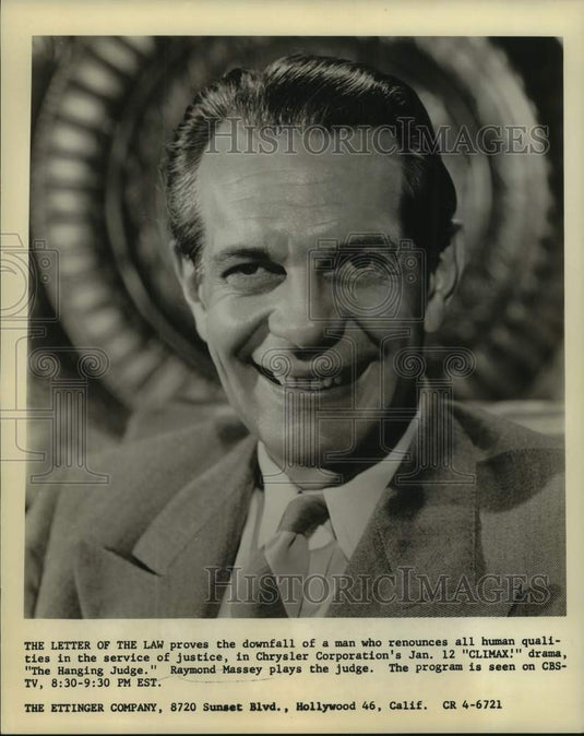 1956 Press Photo Actor Raymond Massey in "The Hanging Judge" on CBS-TV - Historic Images