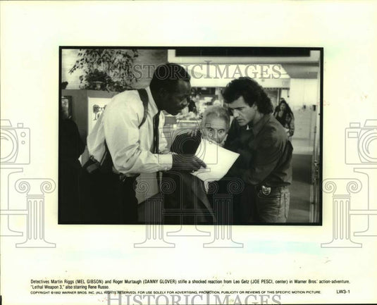 1992 Press Photo Mel Gibson, Danny Glover, Joe Pesci in "Lethal Weapon 3"-Historic Images