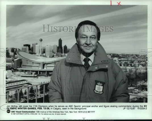 1987 Press Photo Jim McKay, commentator of XV Olympic Winter Games in Calgary-Historic Images