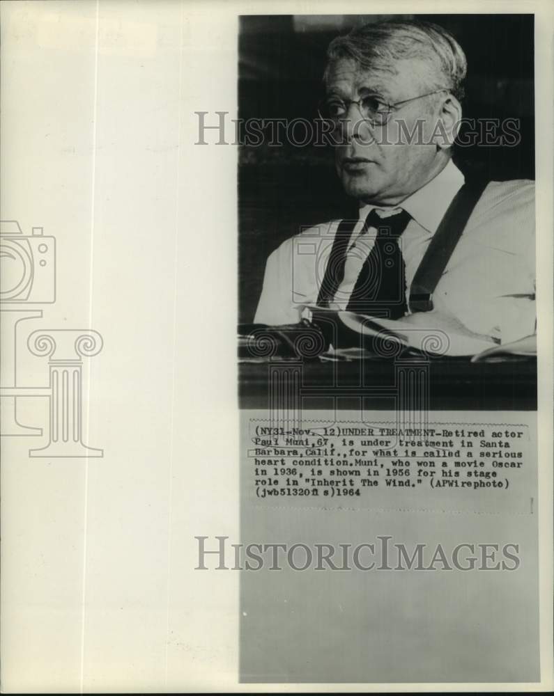 1964 Press Photo Paul Muni under treatment in Santa Barbara, California-Historic Images