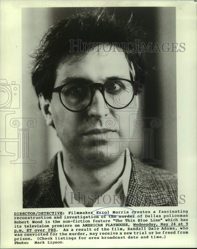 1989 Press Photo Filmmaker Errol Morris of &quot;The Thin Blue Line&quot; movie on PBS - Historic Images