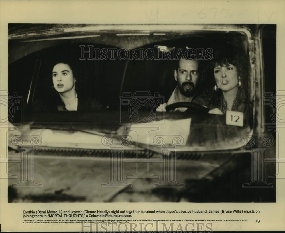 1991 Press Photo Bruce Willis, Demi Moore &amp; Glenne Headly in &quot;Mortal Thoughts&quot; - Historic Images