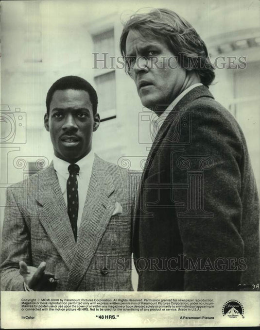 1982 Press Photo Actors Eddie Murphy, Nick Nolte in "48 HRS" movie - nop65196-Historic Images