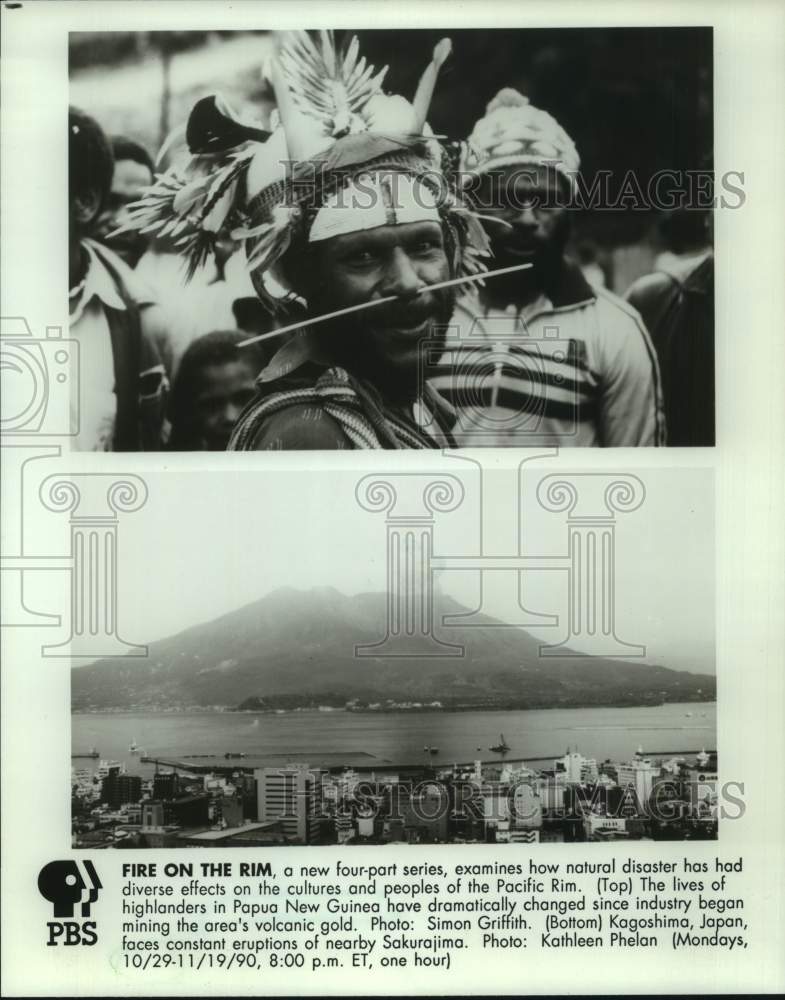 1990 Press Photo Papua New Guinea highlanders and Sakurajima volcano on PBS-TV - Historic Images