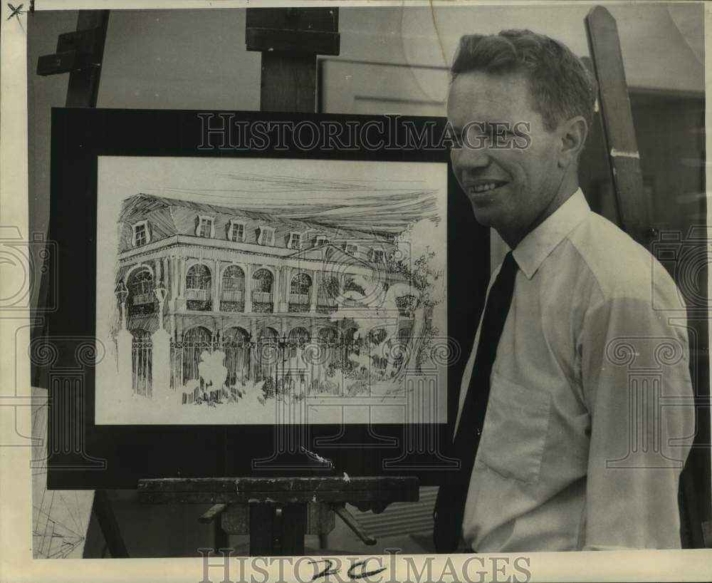 1968 Artist George Wolfe with his drawing of Presbytere. - Historic Images