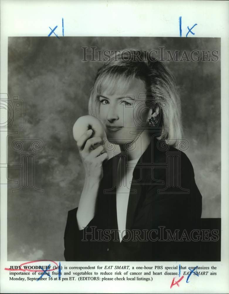 1991 Press Photo Judy Woodruff, correspondent for PBS' "Eat Smart" Special - Historic Images