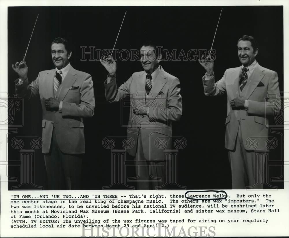 1979 Lawrence Welk with Wax Figures at Movieland Wax Museum - Historic Images