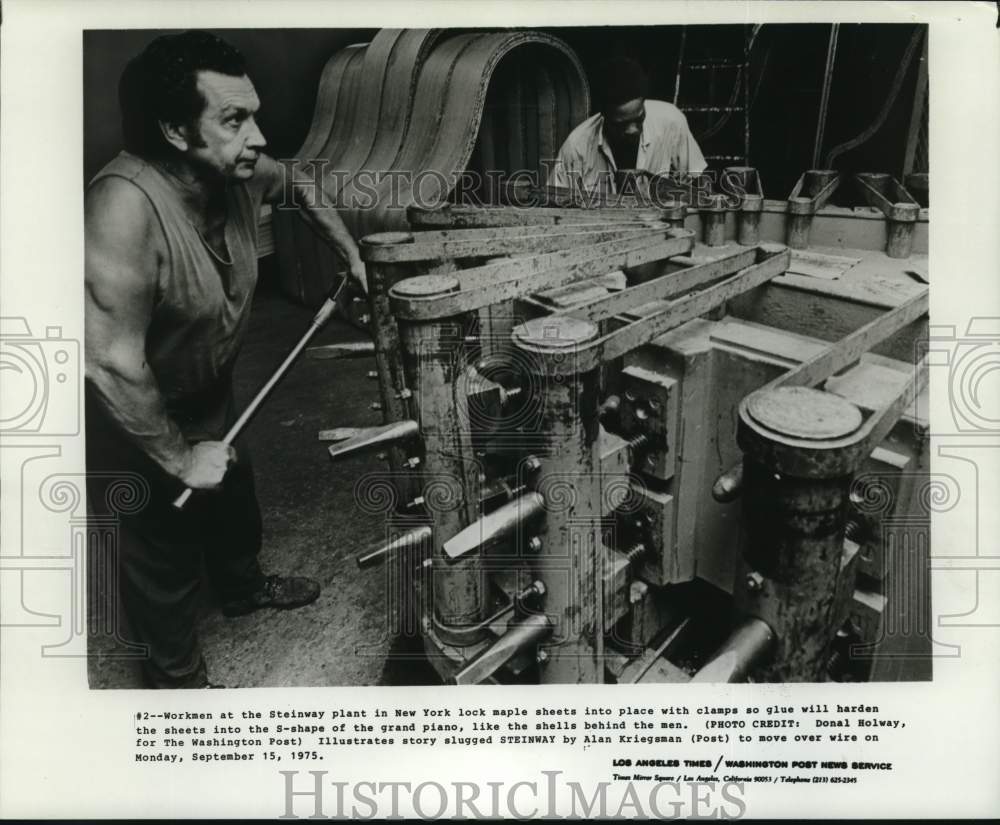 1975 Workmen at Steinway piano plant in New York lock Maple sheets - Historic Images