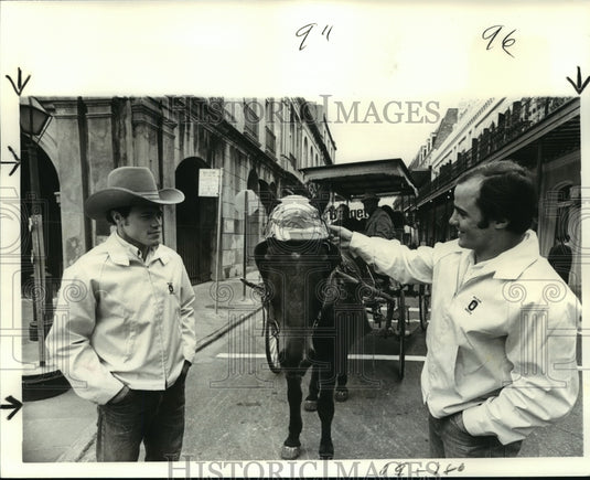 Sugar Bowl-Buckeye Jim Harrel and Jeff Logan admire horse's gear. - Historic Images