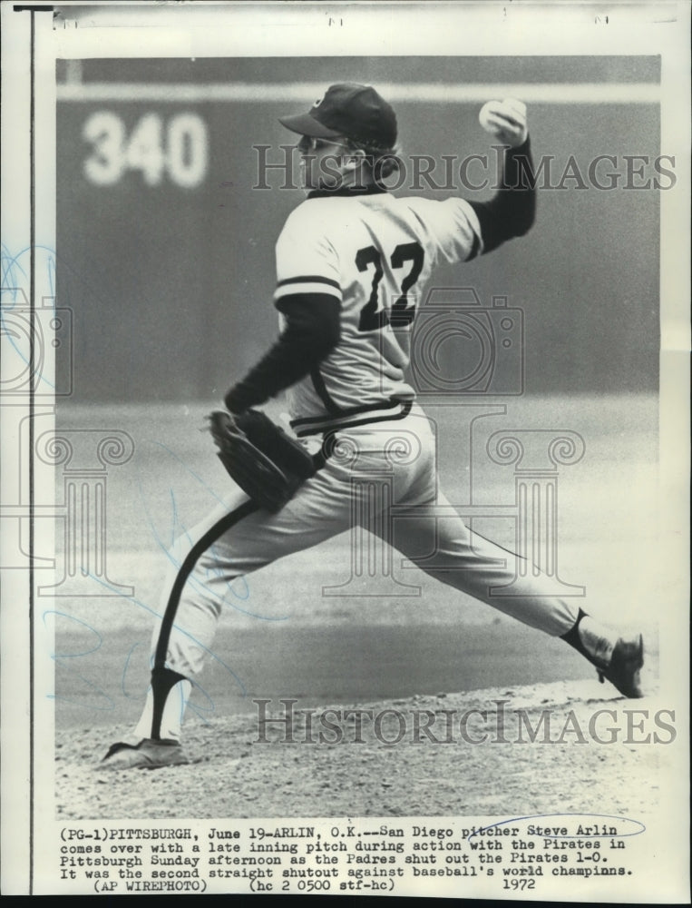 1972 Press Photo Steve Arlin, San Diego Baseball Padres Pitcher at Pirates Game - Historic Images