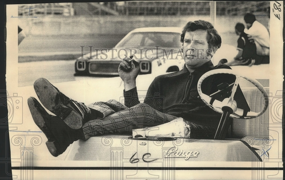 Press Photo Race Car Driver Buddy Baker at Daytona Speedway in Golf Cart- Historic Images