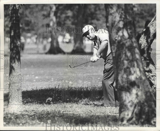 1973 Press Photo Golfer Miller Barber Swings Club in the Trees - nos04210- Historic Images