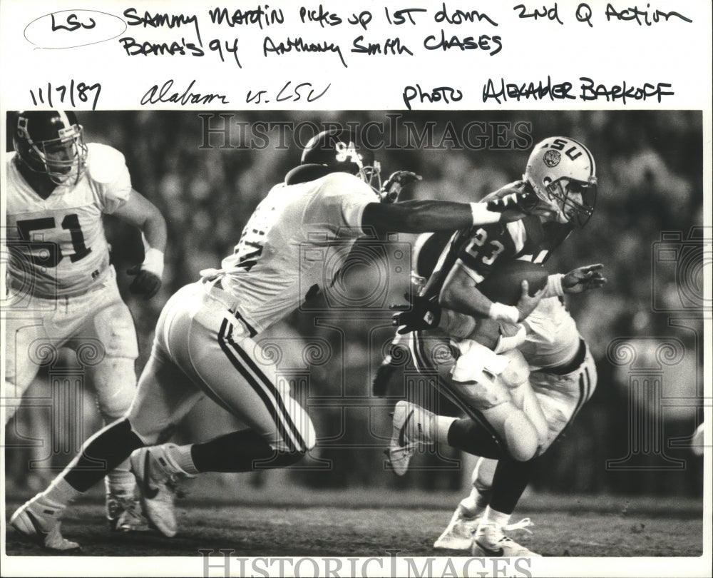 1987 Press Photo Louisiana State University Football Player Sammy Martin at Game - Historic Images