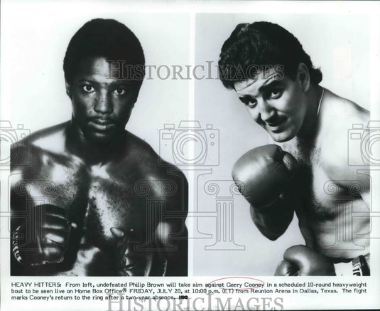 1984 Press Photo Boxers Gerry Cooney and Philip Brown on Home Box Office Network - Historic Images