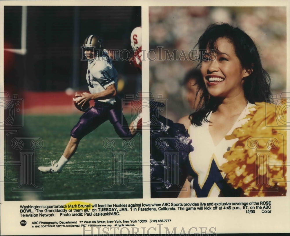 1990 Press Photo Washington&#39;s Quarterback Mark Brunell and Football Cheerleader - Historic Images