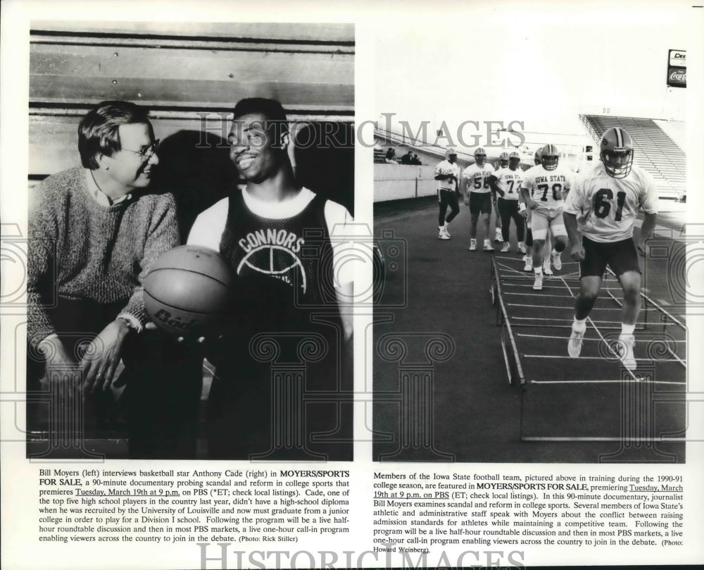 1991 Press Photo Bill Moyers interviews Anthony Cade; Iowa State Football Team - Historic Images