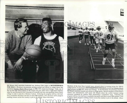 1991 Press Photo Bill Moyers interviews Anthony Cade; Iowa State Football Team - Historic Images